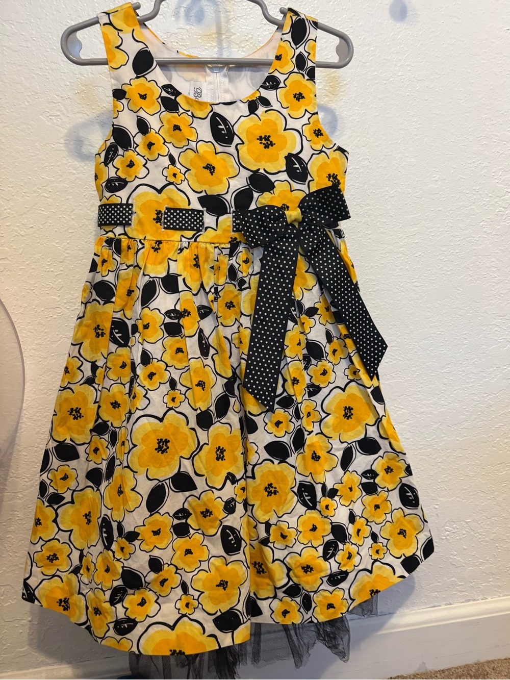 Bonnie Jean Yellow and Black Floral Polka-Bow Party Dress